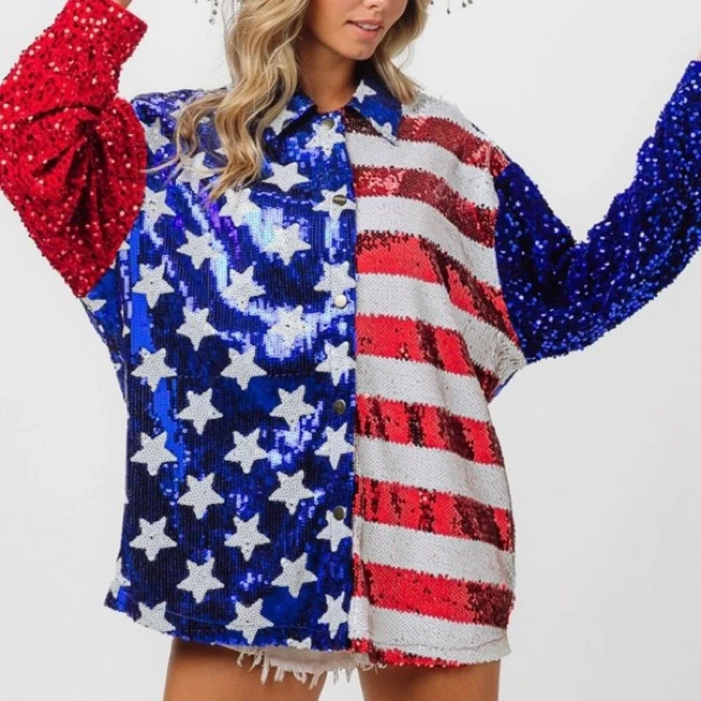 Velvet Sequin Sleeve American Flag Theme Shirt - Picture 1 of 7